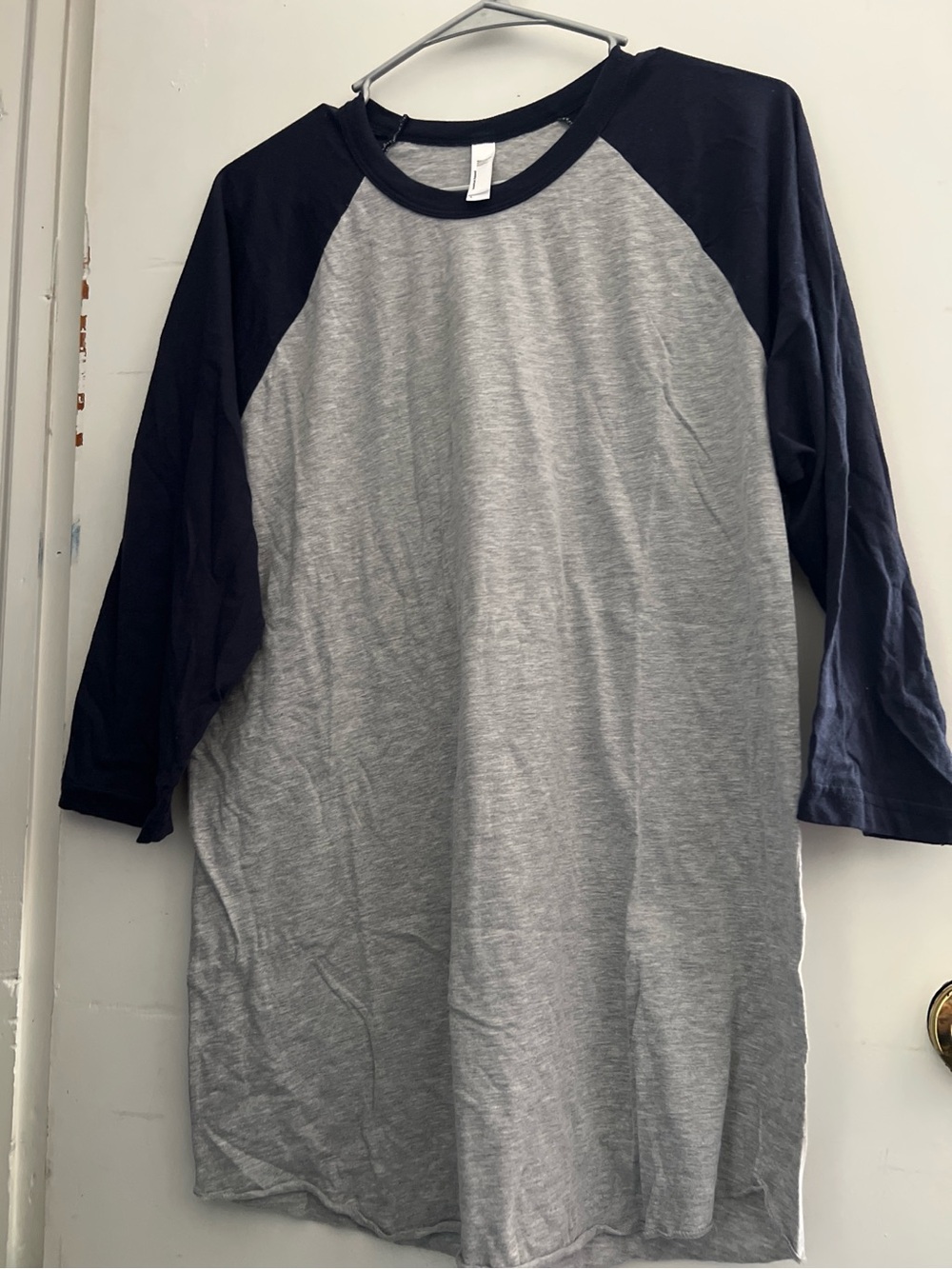 American Apparel Grey Body with Navy Raglan baseball Sleeve Tee